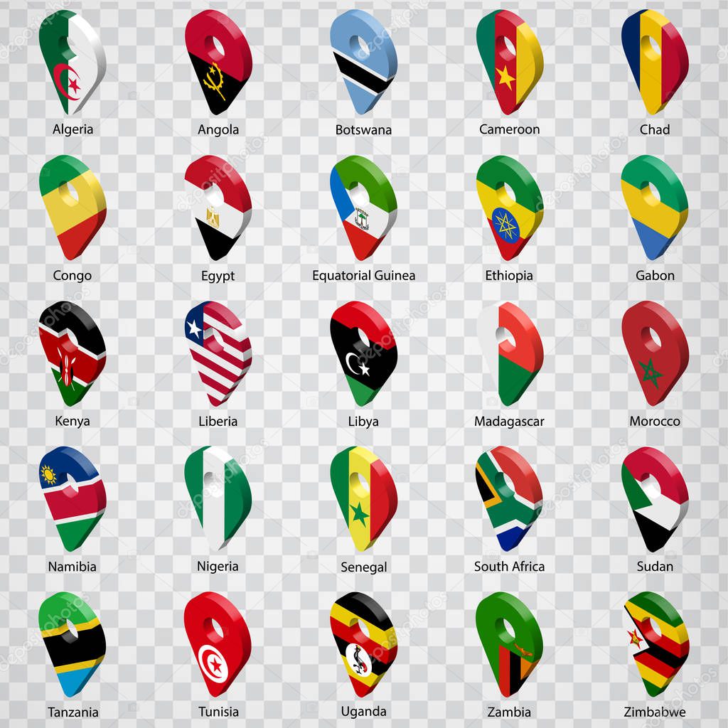 3D geolocation signs of twenty five  African countries with inscriptions. Set of  twenty five 3d geolocation icons on transparent background. Flags of Africa countries in the form of geolocation signs.  EPS10.