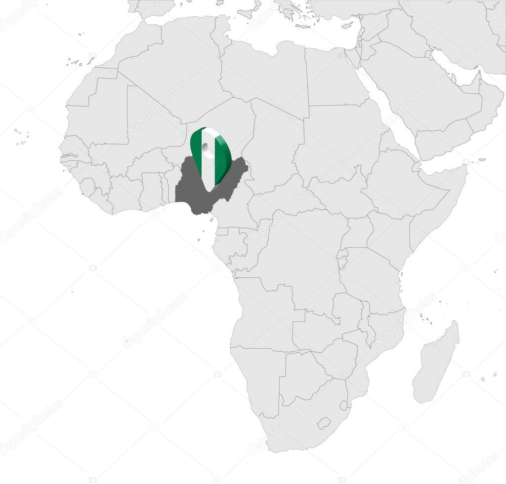 Location Map of Nigeria on map Africa. 3d Federal Republic of Nigeria flag map marker location pin. High quality map of Nigeria.  Vector illustration EPS10.