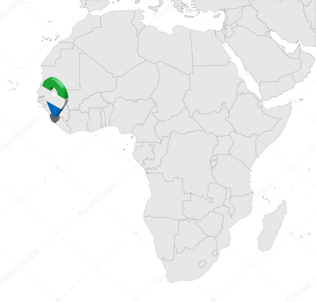 Location Map of  Sierra Leone on map Africa. 3d  Republic of Sierra Leone flag map marker location pin. High quality map of  Sierra Leone. Vector illustration EPS10.