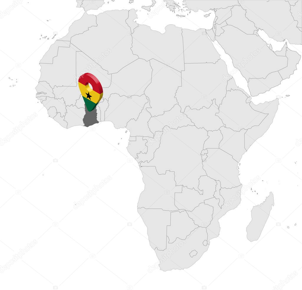 Location Map of  Ghana on map Africa. 3d Republic of Ghana flag map marker location pin. High quality map of  Ghana. Vector illustration EPS10.
