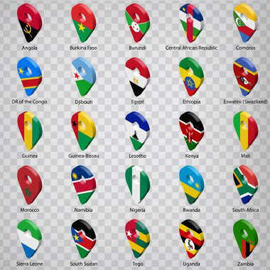 Yazıtlı yirmi beş Afrika ülkesinin 3boyutlu coğrafi konum işaretleri. Saydam arka plan üzerinde yirmi beş 3d coğrafi konum simgeleri kümesi. Coğrafi konum işaretleri şeklinde Afrika ülkelerinin bayrakları. Eps10.
