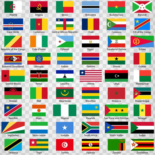 Fifty four flags of the countries of Africa. List of all flags African countries with inscriptions and original proportions on transparent background. Flags for your web site design, logo, app, UI. EPS10. — Stock Vector