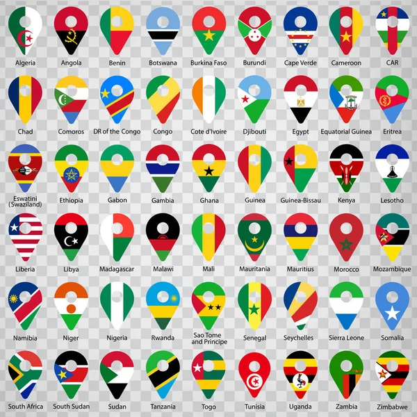 Cincuenta y cuatro banderas de países africanos - orden alfabético con nombre. Conjunto de letreros de geolocalización 2d como banderas nacionales de África. Cincuenta y cuatro signos de geolocalización para el diseño de su sitio web, logotipo, aplicación, interfaz de usuario. EPS10 . — Archivo Imágenes Vectoriales