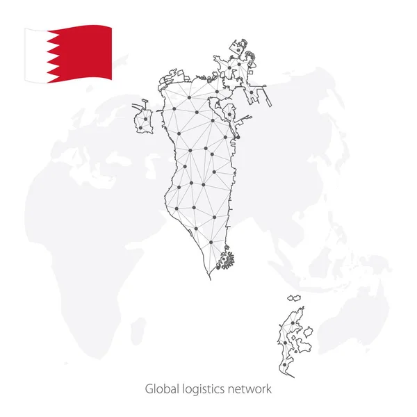 Wereldwijd logistiek netwerk concept. Communicatienetwerk kaart Bahrein op de wereldachtergrond. Kaart van Bahrein met knooppunten in veelhoekige stijl en nationale vlag. Eps10. — Stockvector