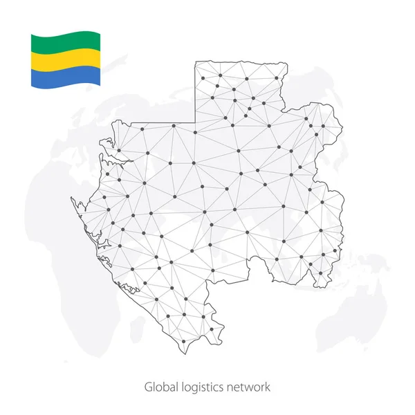 Wereldwijd logistiek netwerk concept. Communicatienetwerk kaart Gabon op de wereldachtergrond. Kaart van Gabon met knooppunten in veelhoekige stijl en nationale vlag. Eps10. — Stockvector