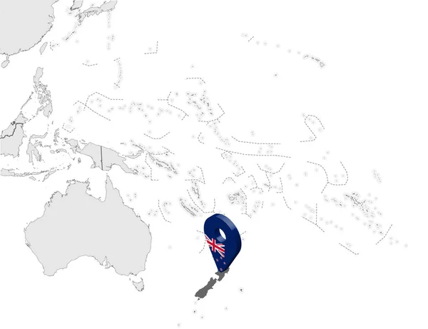 Mapa de Nueva Zelanda en el mapa Oceanía y Australia. 3d Nueva Zelanda bandera mapa marcador ubicación pin. Mapa de alta calidad de Nueva Zelanda. Ilustración vectorial EPS10 . — Vector de stock