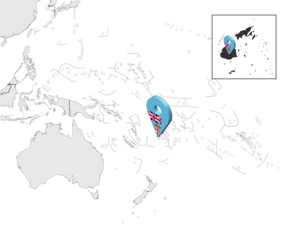 Mapa de Fiji en el mapa Oceanía y Australia. 3d República de Fiyi marcador de mapa de la bandera pin ubicación. Mapa de Fiji de alta calidad. Oceanía. EPS10 . — Vector de stock