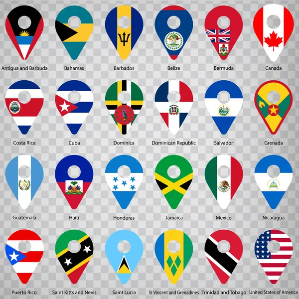 Tjugofyra flaggor från amerikanska länder - alfabetisk ordning med namn. Uppsättning av 2d geolocation tecken som nationella flaggor i Nord- och Centralamerika. Tjugofyra lokaliseringsskyltar. Läpp10. — Stock vektor
