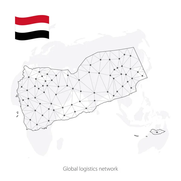 Concepto de red logística global. Mapa de la red de comunicaciones Yemen en el contexto mundial. Mapa de Yemen con nodos en estilo poligonal y bandera nacional. EPS10 . — Archivo Imágenes Vectoriales