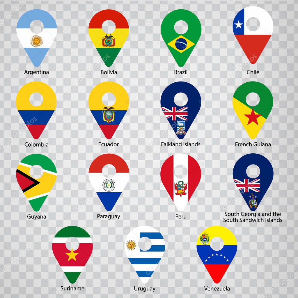 Fifteen Flags of South American countries - alphabetical order with name.  Set of 2d geolocation signs like national flags of South American. Fifteen geolocation signs. EPS10.
