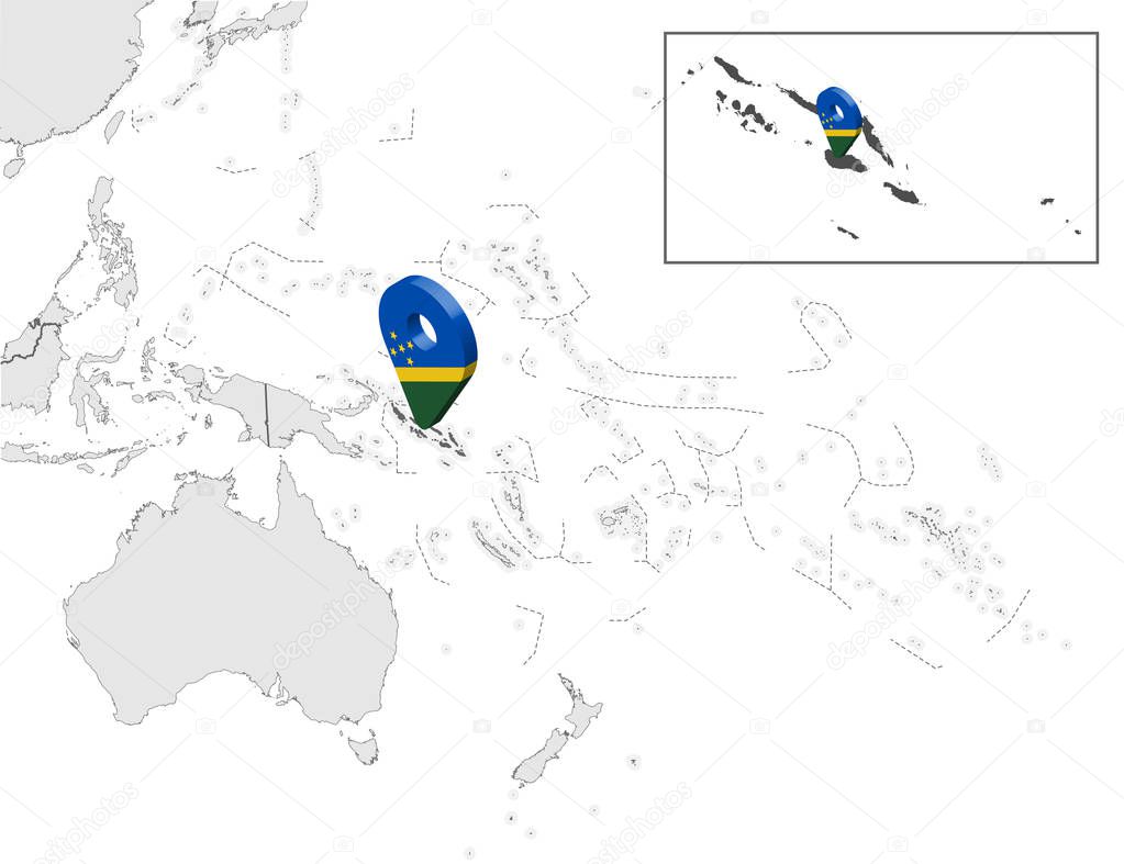 Location Map of Solomon islands on map Oceania and Australia. 3d Solomon islands flag map marker location pin. High quality map of Solomon islands. Oceania. EPS10.