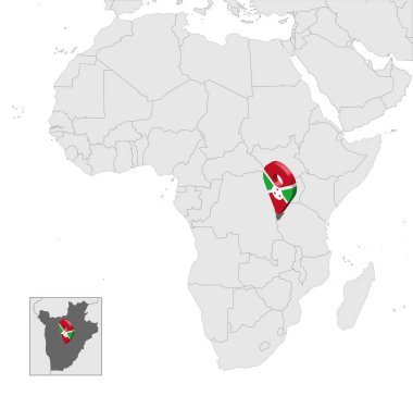 Afrika haritasında Burundi 'nin konumu. 3D Burundi Cumhuriyeti bayrak haritası lokasyon rozeti. Burundi 'nin yüksek kaliteli haritası. Vektör illüstrasyonu Eps10.