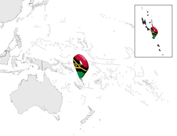 Mapa de Vanuatu en el mapa Oceanía y Australia. 3d Vanuatu bandera mapa marcador ubicación pin. Mapa de alta calidad de República de Vanuatu alto detalle y precisión. Oceanía. EPS10 . — Vector de stock