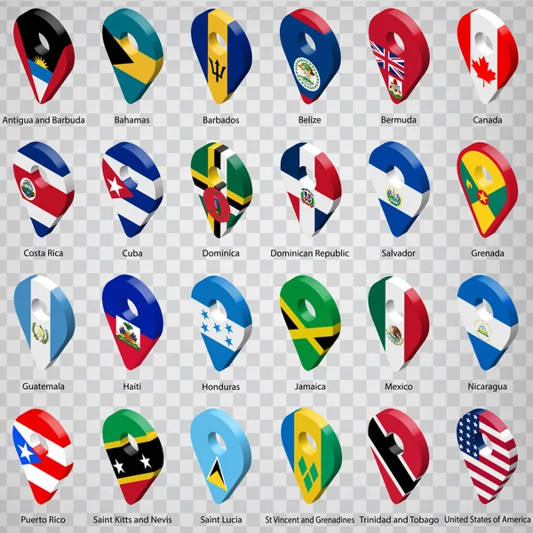 Veinticuatro Banderas de los países americanos - orden alfabético con nombre. Conjunto de letreros de geolocalización 3d como banderas nacionales de América del Norte y Central. Veinticuatro signos de geolocalización 3d. EPS10 . — Vector de stock