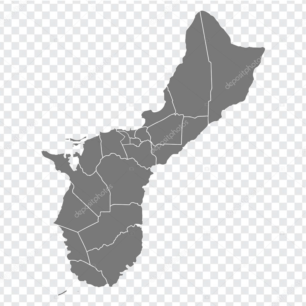 Blank map of Guam. High quality map of Guam  with provinces on transparent background for your web site design, app, UI.  Oceania.  USA. EPS10.