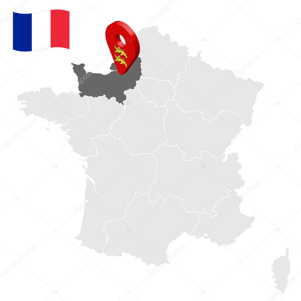 Location of Normandy on map France. 3d location sign similar to the flag of Normandy. Quality map  with regions of  French Republic for your design. EPS10.