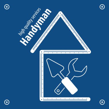Profesyonel Tamir Hizmetleri konsepti. Bina cetvelinden bir evin silueti. Web sitesi tasarımı, logosu, uygulaması ve UI için mavi arka planda İngiliz anahtarı. EPS10.