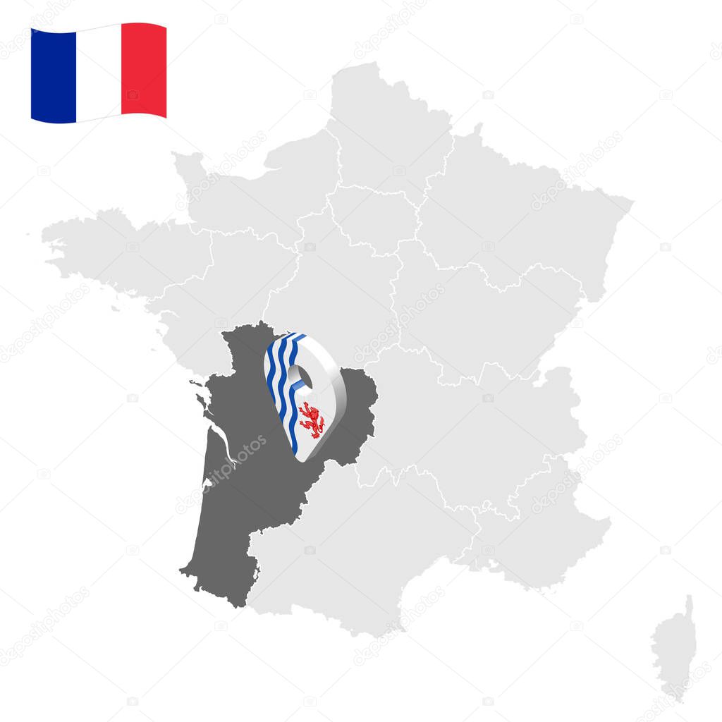 Location of New Aquitaine on map France. 3d location sign similar to the flag of New Aquitaine. Quality map  with regions of  French Republic for your design. EPS10.