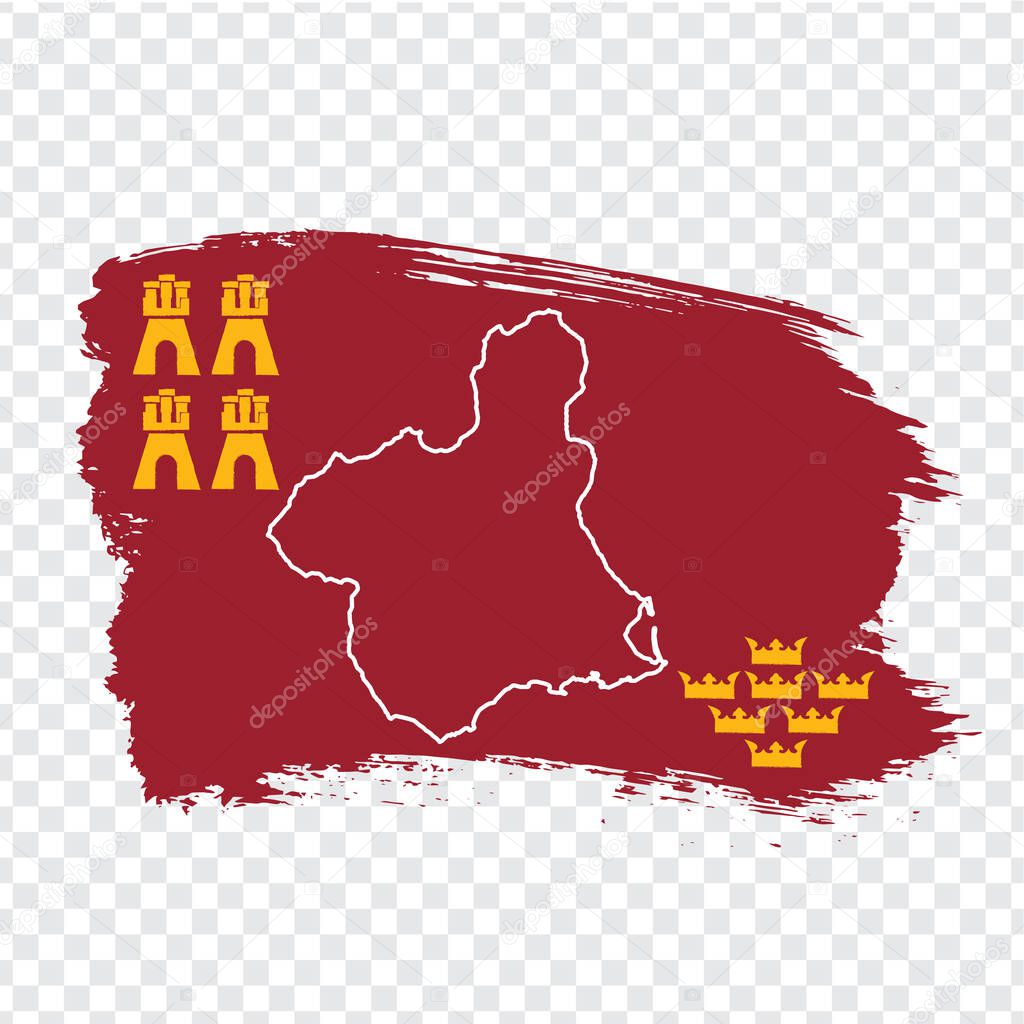 Flag of Murcia from brush strokes. Blank map of Murcia. Kingdom of Spain. High quality map and flag Murcia for your web site design, logo, app  on transparent background.  EPS10