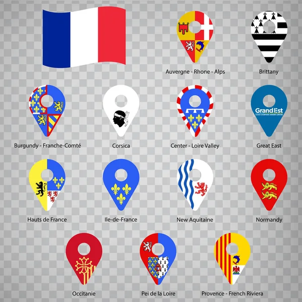 法国各地区的十三面旗帜 字母顺序与名称相同 一组2D的地理定位标志 如法兰西共和国的国旗区域 你的设计有13个地理定位标志Eps10 — 图库矢量图片