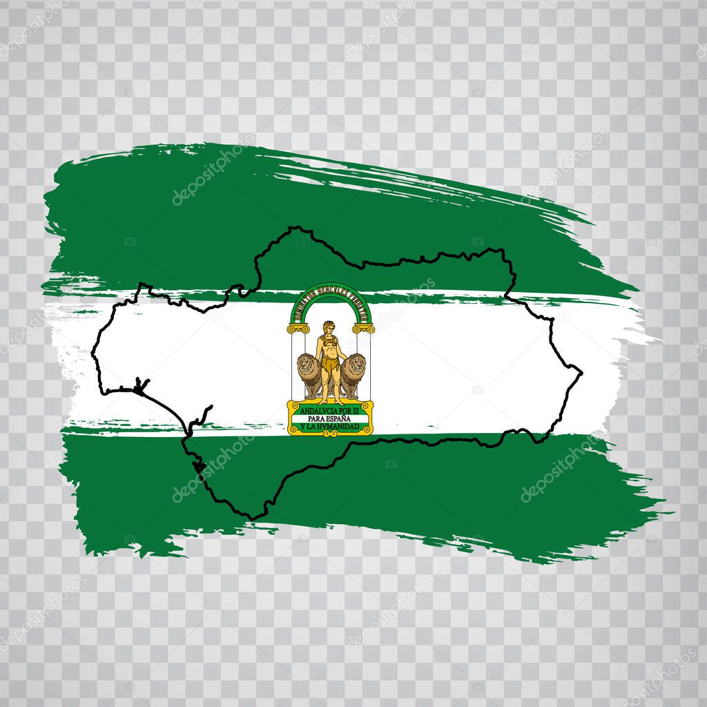 Flag of  Andalusia from brush strokes. Blank map of Andalusia. Kingdom of Spain. High quality map and flag Andalusia for your web site design, logo, app  on transparent background.  EPS10