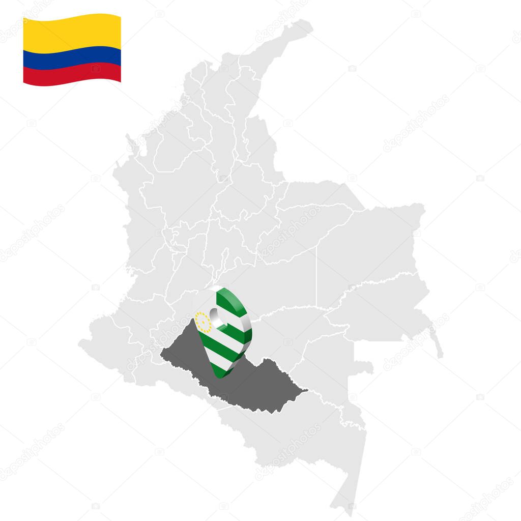 Location of Caqueta on map Colombia. 3d Caqueta location sign. Flag of Caqueta. Quality map with regions  of Colombia for your web site design, logo, app, UI. Stock vector. EPS10.