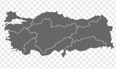 Türkiye 'nin boş haritası. Türkiye bölgeleri haritası. İnternet sitenizin tasarımı, logosu, uygulaması, UI için saydam arkaplan üzerinde Türkiye 'nin yüksek detaylı gri vektör haritası. EPS10.