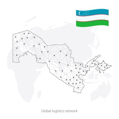 Küresel lojistik ağı kavramı. Dünya arkaplanındaki iletişim ağı haritası Özbekistan. Çokgen tarzı ve bayrağı olan Özbekistan haritası. Vektör illüstrasyonu EPS10. 