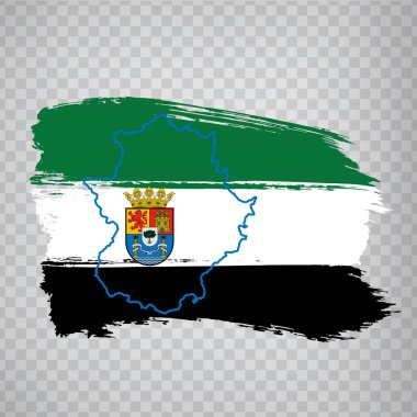 Fırça darbelerinden kalma Extremadura bayrağı. Extremadura 'nın boş haritası. İspanya Krallığı. İnternet sitenizin tasarımı, logosu ve şeffaf arkaplanı için yüksek kaliteli harita ve bayrak Extremadura. EPS10. 