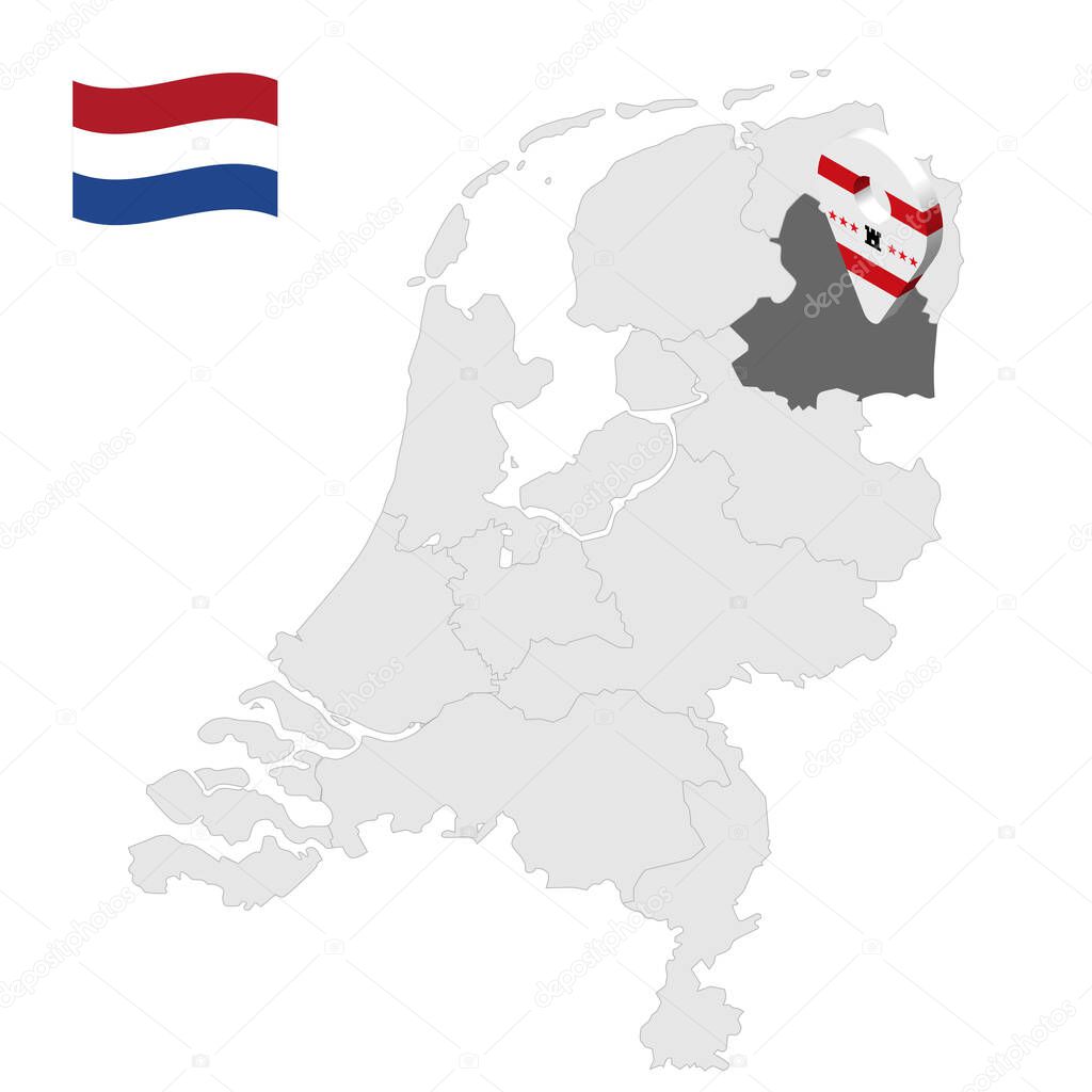 Location of Drenthe on map Netherlands. 3d location sign similar to the flag of Drenthe. Quality map  with  provinces of  Netherlands for your design. EPS10.