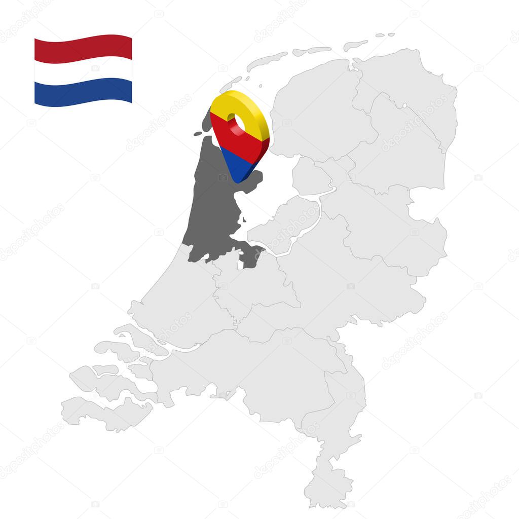 Location of  North Holland on map Netherlands. 3d location sign similar to the flag of North Holland . Quality map  with  provinces of  Netherlands for your design. EPS10.