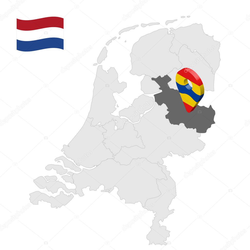 Location of  Overijssel on map Netherlands. 3d location sign similar to the flag of Overijssel. Quality map  with  provinces of  Netherlands for your design. EPS10.