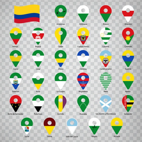Treinta Tres Estados Banderas Colombia Orden Alfabético Con Nombre Conjunto — Archivo Imágenes Vectoriales