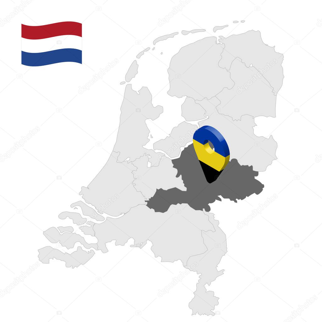 Location of  Gelderland on map Netherlands. 3d location sign similar to the flag of Gelderland. Quality map  with  provinces of  Netherlands for your design. EPS10.
