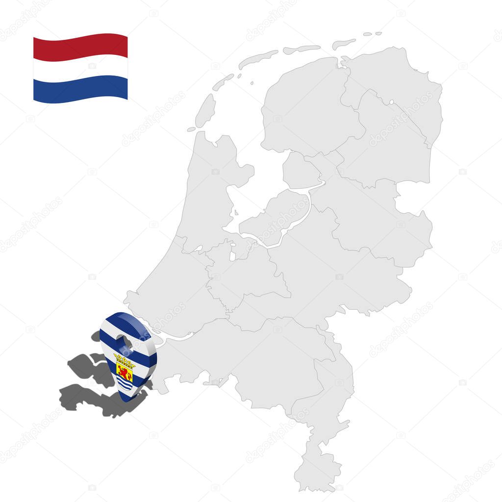 Location of  Zeeland on map Netherlands. 3d location sign similar to the flag of Zeeland. Quality map  with  provinces of  Netherlands for your design. EPS10.