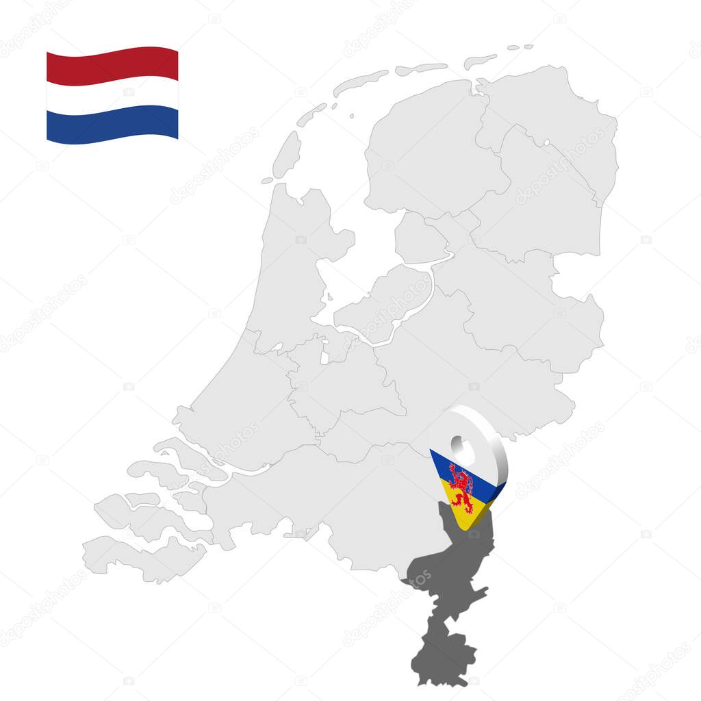 Location of  Limburg  on map Netherlands. 3d location sign similar to the flag of Limburg. Quality map  with  provinces of  Netherlands for your design. EPS10.