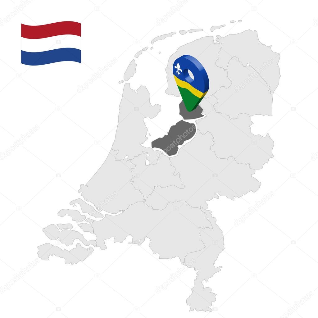 Location of  Flevoland on map Netherlands. 3d location sign similar to the flag of Flevoland. Quality map  with  provinces of  Netherlands for your design. EPS10.