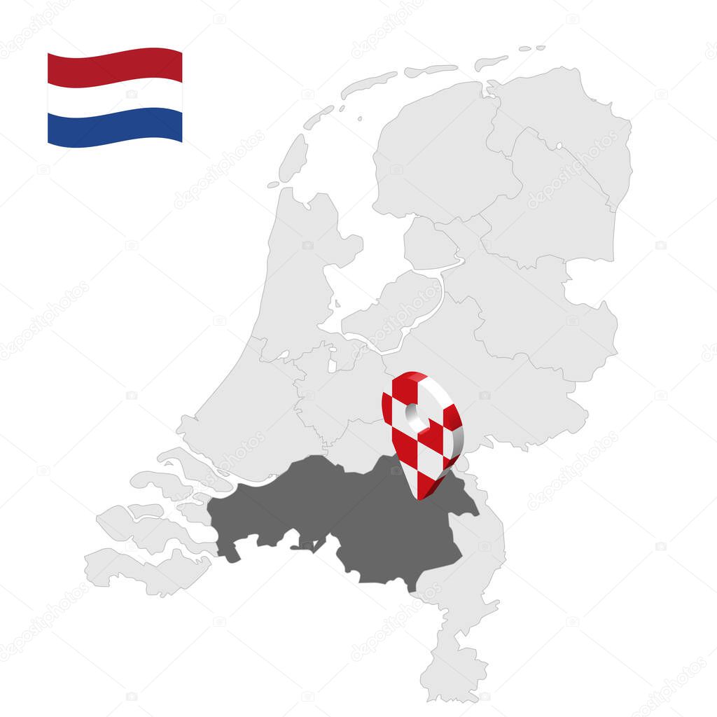 Location of North Brabant  on map Netherlands. 3d location sign similar to the flag of North Brabant. Quality map  with  provinces of  Netherlands for your design. EPS10.