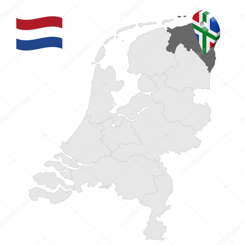 Location of Groningen  on map Netherlands. 3d location sign similar to the flag of Groningen. Quality map  with  provinces of  Netherlands for your design. EPS10.