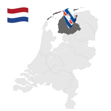 Hollanda haritasında Friesland 'ın yeri. Friesland bayrağına benzeyen 3D işaret. Tasarımınız için Hollanda eyaletleri ile kaliteli bir harita. EPS10.