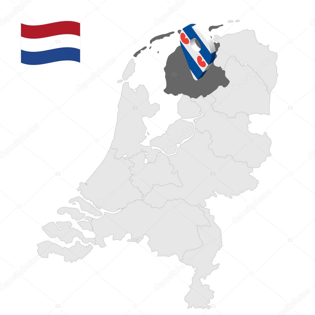 Location of Friesland  on map Netherlands. 3d location sign similar to the flag of Friesland. Quality map  with  provinces of  Netherlands for your design. EPS10.