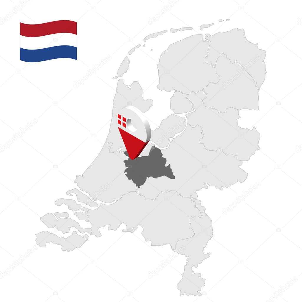 Location of Utrecht on map Netherlands. 3d location sign similar to the flag of Utrecht. Quality map  with  provinces of  Netherlands for your design. EPS10.