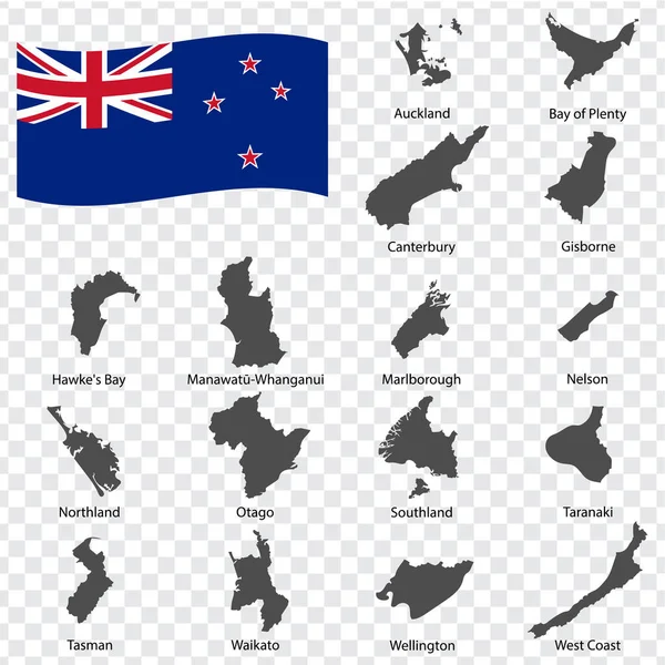 Sechzehn Landkarten Regionen Neuseelands Alphabetische Reihenfolge Mit Namen Jede Einzelne — Stockvektor