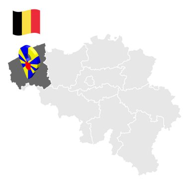 Belçika haritasında Batı Flanders 'ın yeri. Batı Flanders bayrağına benzeyen 3D işaret. Tasarımınız için Belçika eyaletleri ile kaliteli bir harita. EPS10.