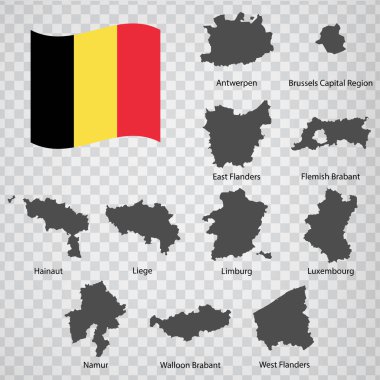Belçika 'nın 11 Harita Eyaleti. İsimli alfabetik sıra. Eyaletin her bir haritası kelime ve başlıklarla listelenmiş ve izole edilmiştir. Belçika Krallığı. EPS 10.