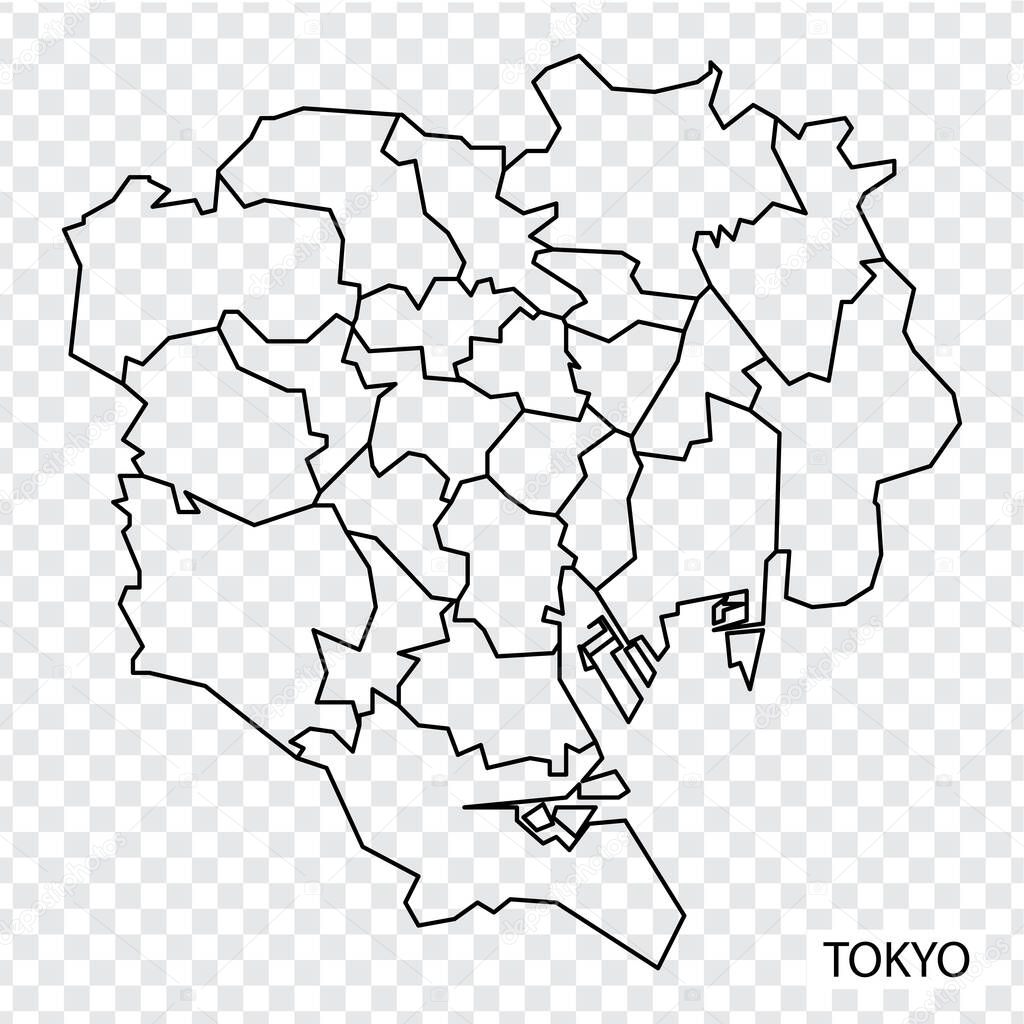 High Quality map of Tokyo is a city  of Japan, with borders of the regions. Map of Tokyo for your web site design, app, UI. EPS10.