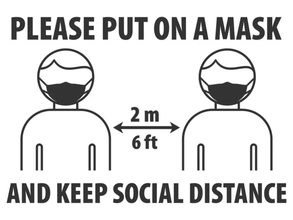 Lütfen Maske Takın Sosyal Mesafeyi Koruyun Yüzünde Gri Bir Maske — Stok Vektör