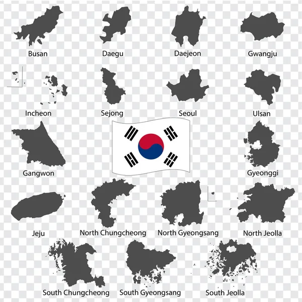 Dezessete Mapas Províncias Coreia Sul Ordem Alfabética Com Nome Cada —  Vetores de Stock