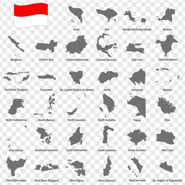 Тридцать Четыре Провинции Карт Индонезии Алфавитный Порядок Названием Каждая Карта — стоковый вектор