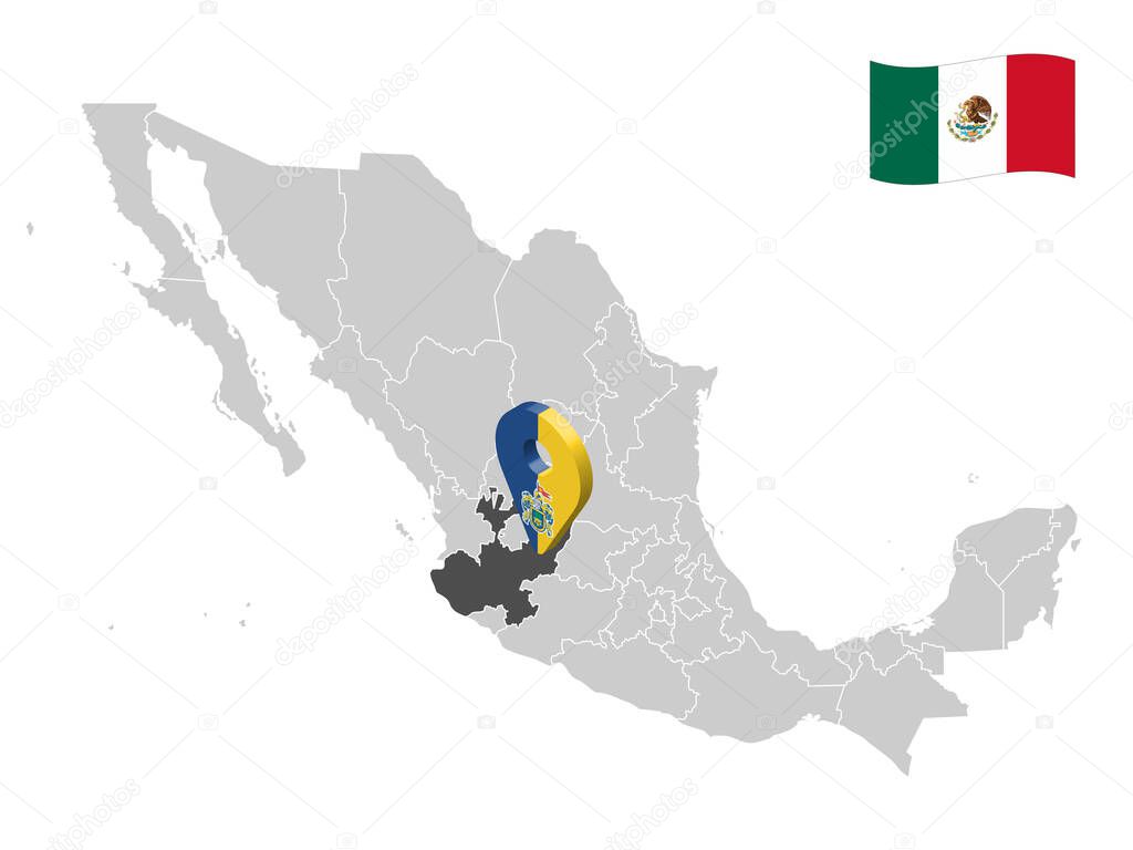 Location of Jalisco on map Mexico. 3d location sign  of Jalisco. Quality map with  provinces of  Mexico for your design. EPS10.